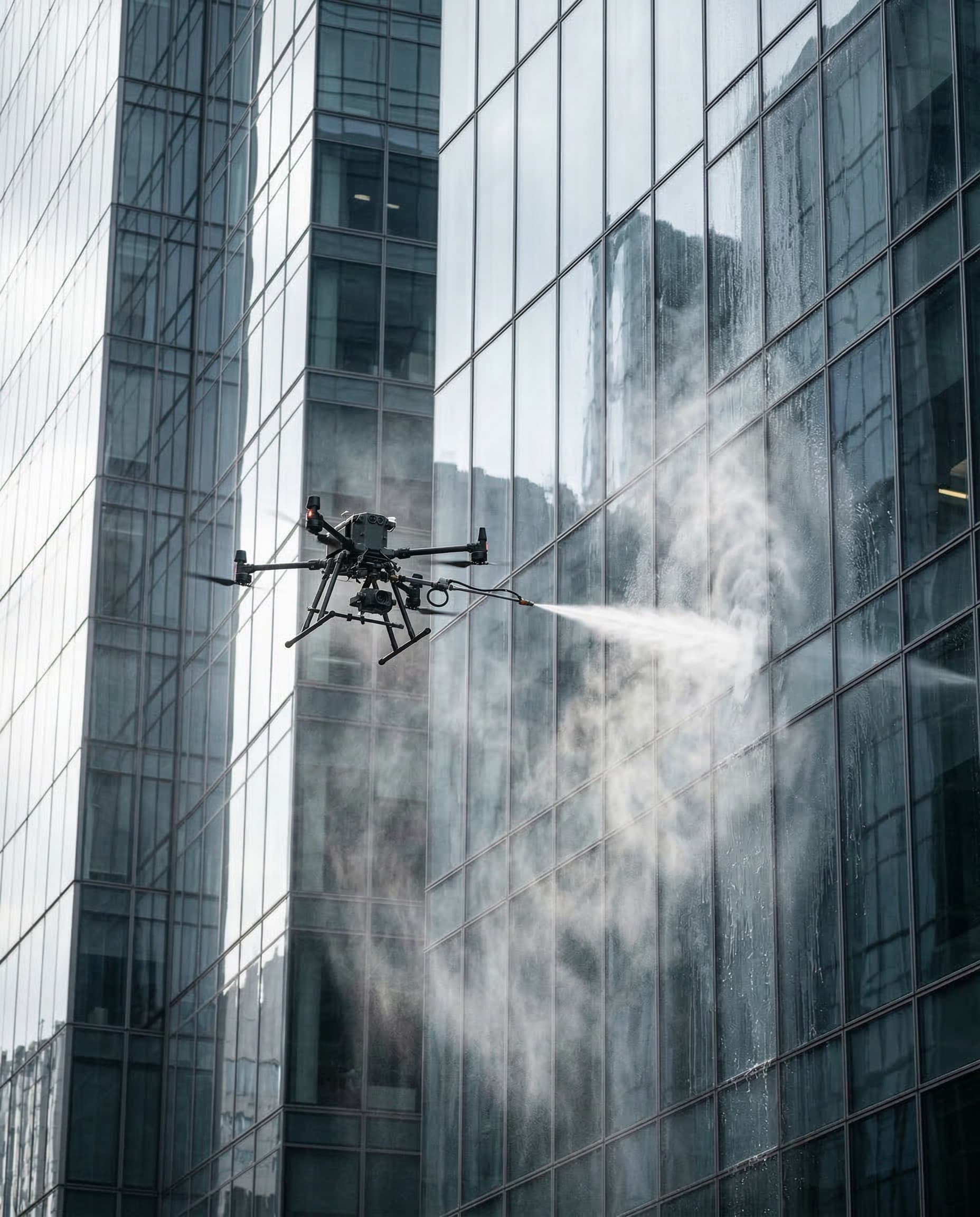 Drone washing a commercial building facade